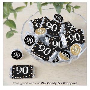 90th Birthday Mini Candy Sticker Labels - Black & Gold